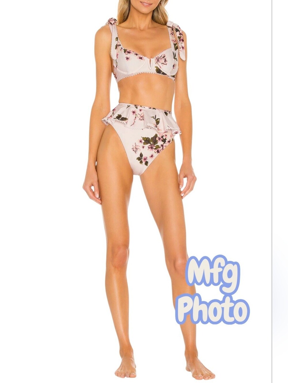 BEACHRIOT Pink Floral Ruffle High-Waist Bikini set